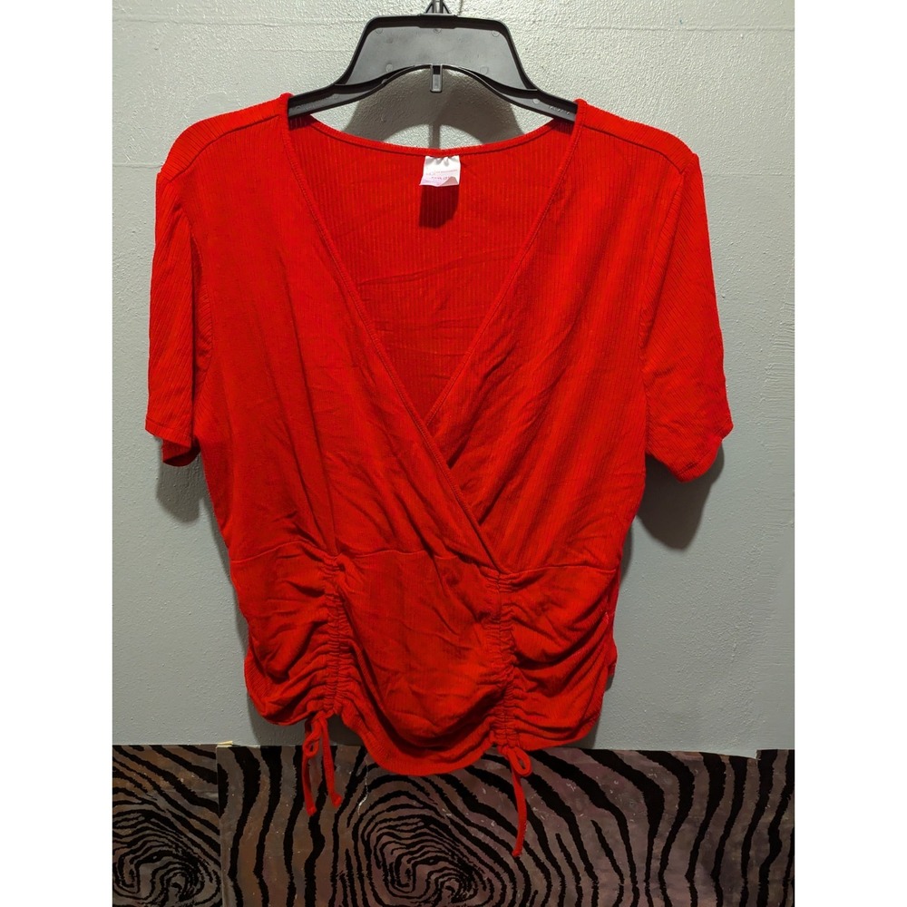 NO Boundaries juniors XXXL 21 red crop shirt top blouse tie‎ accents